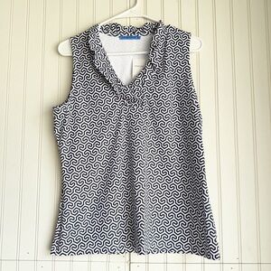 J. Mclaughlin Size L Sleeveless Durham Ruffle Top Blouse in White Navy Honeycomb